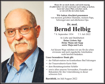 Traueranzeige von Bernd Helbig von Südthüringer Presse