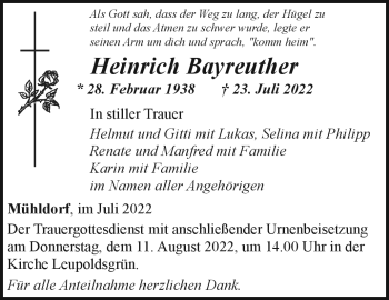 Traueranzeige von Heinrich Bayreuther von Frankenpost