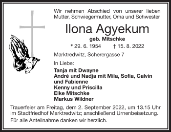 Traueranzeige von Ilona Agyekum von Frankenpost
