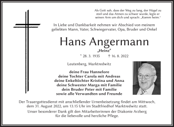 Traueranzeige von Hans Angermann von Frankenpost