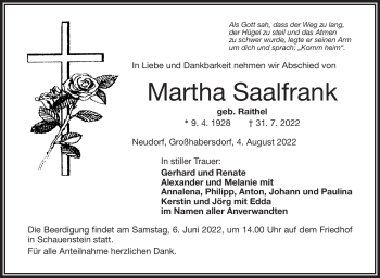 Traueranzeige von Martha Saalfrank von Frankenpost