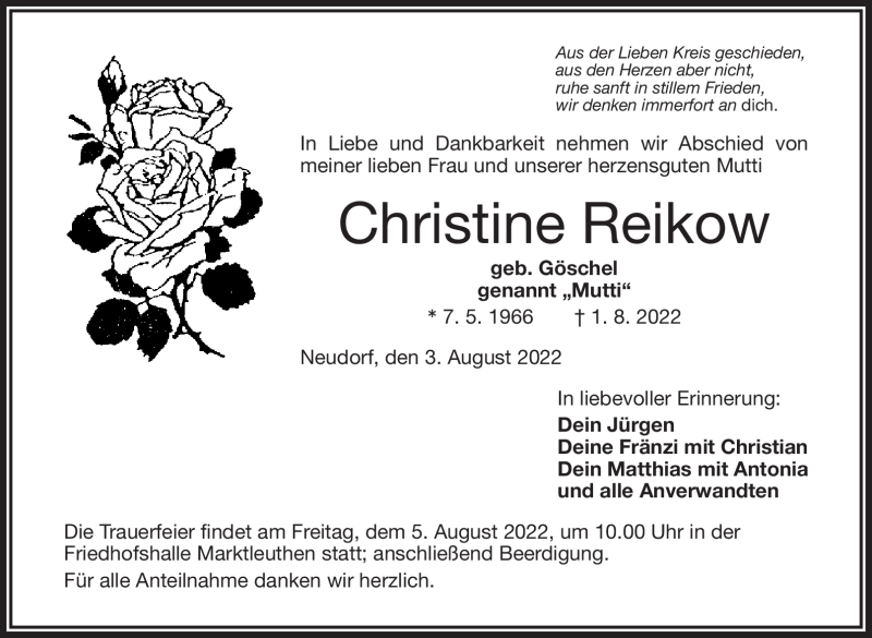 Traueranzeige für Christine Reikow vom 03.08.2022 aus Frankenpost