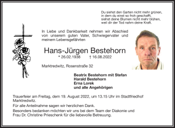 Traueranzeige von Hans-Jürgen Bestehorn von Frankenpost