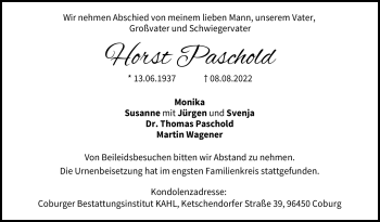 Traueranzeige von Horst Paschold von Neue Presse Coburg