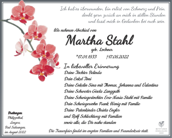 Traueranzeige von Martha Stahl von Südthüringer Presse