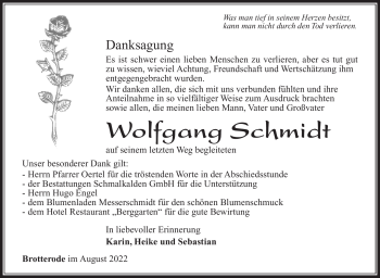 Traueranzeige von Wolfgang Schmidt von Südthüringer Presse