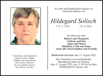 Traueranzeige von Hildegard Solisch von Neue Presse Coburg
