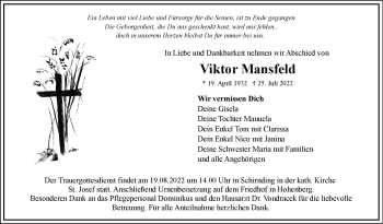 Traueranzeige von Viktor Mansfeld von Frankenpost