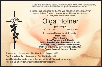 Traueranzeige von Olga Hofner von Neue Presse Coburg