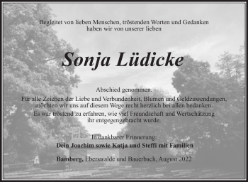Traueranzeige von Sonja Lüdicke von Südthüringer Presse