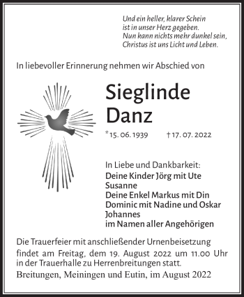 Traueranzeige von Sieglinde Danz von Südthüringer Presse
