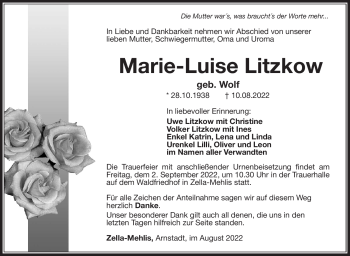 Traueranzeige von Marie-Luise Litzkow von Südthüringer Presse