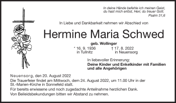 Traueranzeige von Hermine Schwed von Neue Presse Coburg