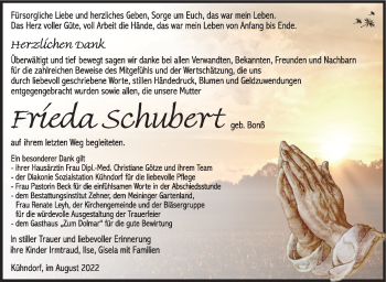 Traueranzeige von Frieda Schubert von Südthüringer Presse
