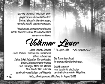 Traueranzeige von Volkmar Linser von Südthüringer Presse