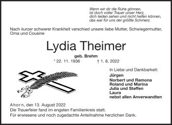 Traueranzeige von Lydia Theimer von Neue Presse Coburg
