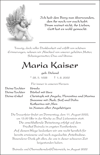 Traueranzeige von Maria Kaiser von Südthüringer Presse