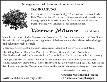 Traueranzeige von Werner Mäurer von Südthüringer Presse