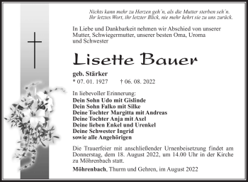 Traueranzeige von Lisette Bauer von Südthüringer Presse