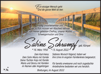 Traueranzeige von Sabine Schrumpf von Südthüringer Presse
