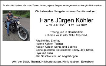 Traueranzeige von Hans Jürgen Köhler von Südthüringer Presse