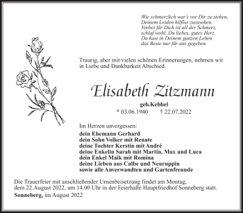 Traueranzeige von Elisabeth Zitzmann von Südthüringer Presse