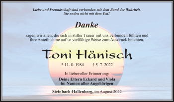 Traueranzeige von Toni Hänisch von Südthüringer Presse