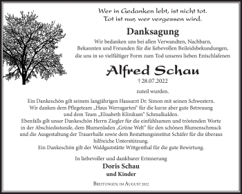 Traueranzeige von Alfred Schau von Südthüringer Presse