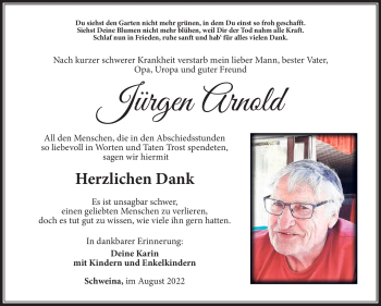 Traueranzeige von Jürgen Arnold von Südthüringer Presse