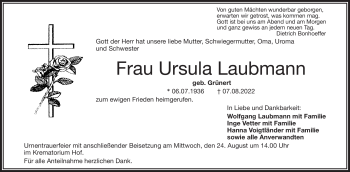 Traueranzeige von Ursula Laubmann von Frankenpost