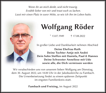 Traueranzeige von Wolfgang Röder von Südthüringer Presse