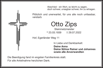 Traueranzeige von Otto Zips von Frankenpost