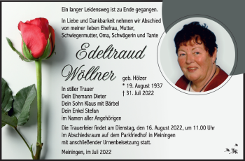 Traueranzeige von Edeltraud Wöllner von Südthüringer Presse