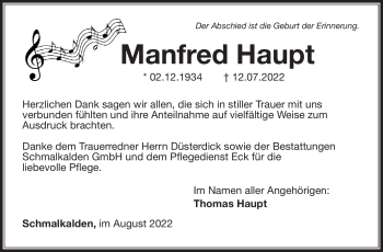 Traueranzeige von Manfred Haupt von Südthüringer Presse