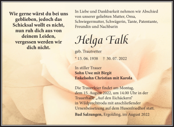 Traueranzeige von Helga Falk von Südthüringer Presse