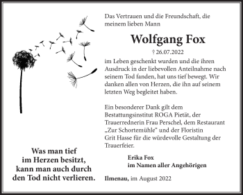 Traueranzeige von Wolfgang Fox von Südthüringer Presse
