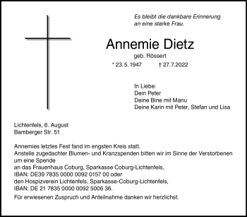 Traueranzeige von Annemie Dietz von Neue Presse Coburg