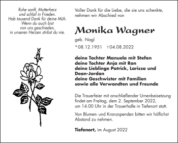 Traueranzeige von Monika Wagner von Südthüringer Presse