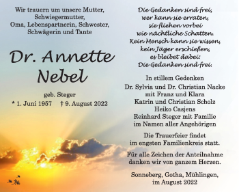 Traueranzeige von Annette Nebel von Südthüringer Presse