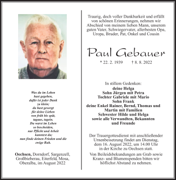 Traueranzeige von Paul Gebauer von Südthüringer Presse