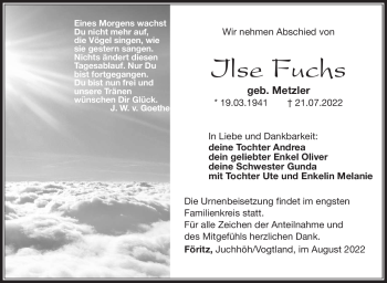 Traueranzeige von Ilse Fuchs von Südthüringer Presse