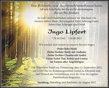 Traueranzeige von Ingo Lipfert von Südthüringer Presse