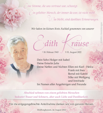 Traueranzeige von Edith Krause von Südthüringer Presse