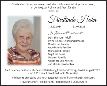 Traueranzeige von Friedlinde Höhn von Neue Presse Coburg