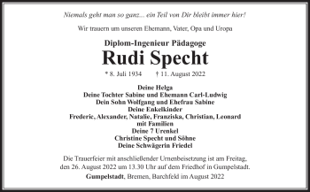 Traueranzeige von Rudi Specht von Südthüringer Presse