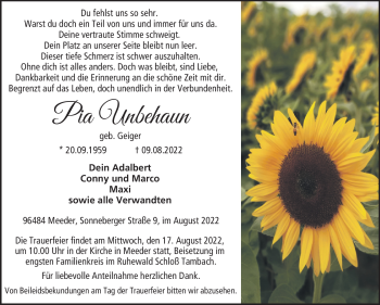 Traueranzeige von Pia Unbehaun von Neue Presse Coburg