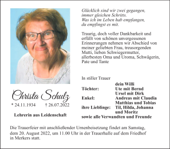 Traueranzeige von Christa Schulz von Südthüringer Presse