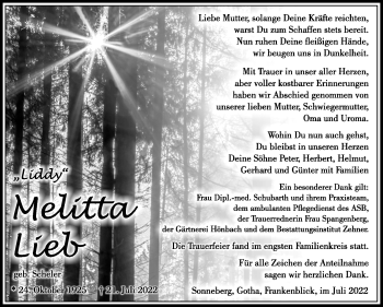 Traueranzeige von Melitta Lieb von Südthüringer Presse
