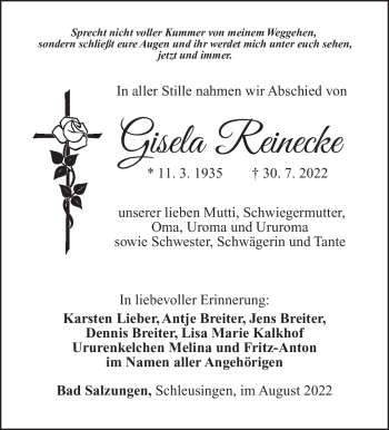 Traueranzeige von Gisela Reinecke von Südthüringer Presse