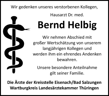 Traueranzeige von Bernd Helbig von Südthüringer Presse